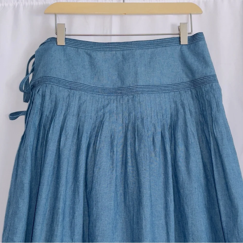 Tory Burch NWT Chambray linen blend pleated tiered wrap side tie midi skirt 6